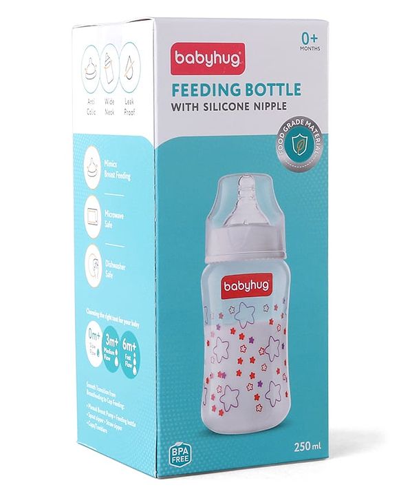 Babyhug Wide Neck Feeding Bottle with Silicone Nipple Dino Print - 250ml| Microwave and Sterilizer Safe| BPA Free| Easy to Clean & Hygienic| Measuring Scale| Anti-colic| Leak Proof