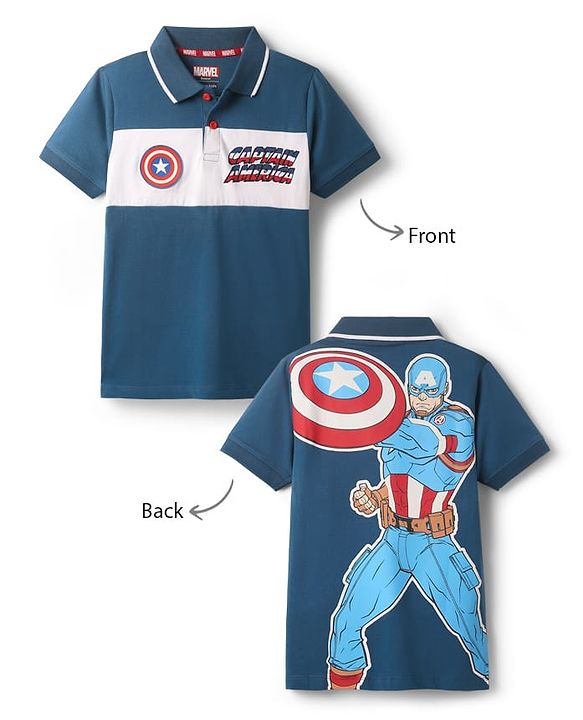 Pine Kids Marvel Single Jersey Knit Half Sleeves Polo T-Shirt With Front & Back Avengers Graphics - Navy Blue