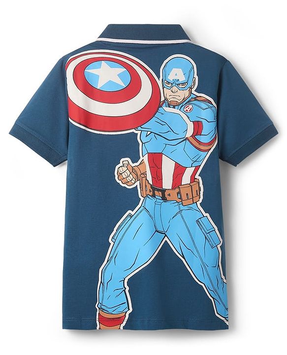 Pine Kids Marvel Single Jersey Knit Half Sleeves Polo T-Shirt With Front & Back Avengers Graphics - Navy Blue