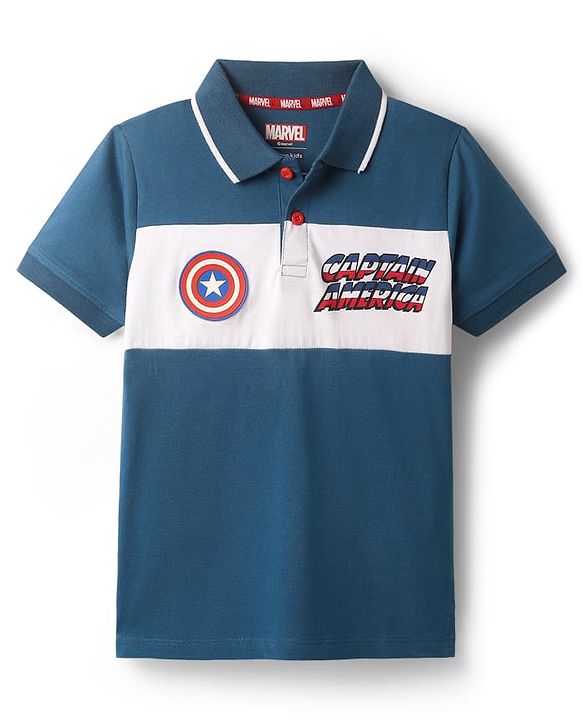 Pine Kids Marvel Single Jersey Knit Half Sleeves Polo T-Shirt With Front & Back Avengers Graphics - Navy Blue
