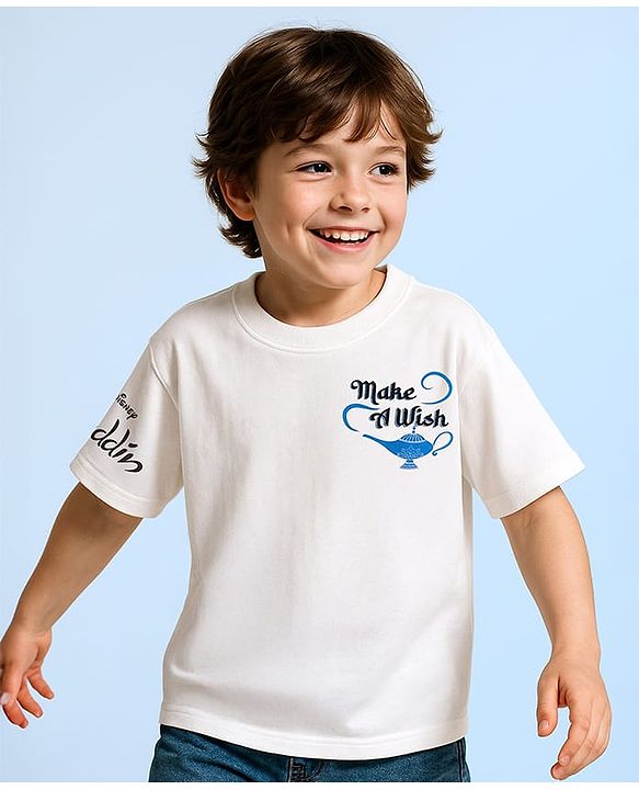 Pine Kids Disney Terry Knit Oversized Drop Shoulder Half Sleeves T-Shirt With Front And Back Aladin Graphics - White