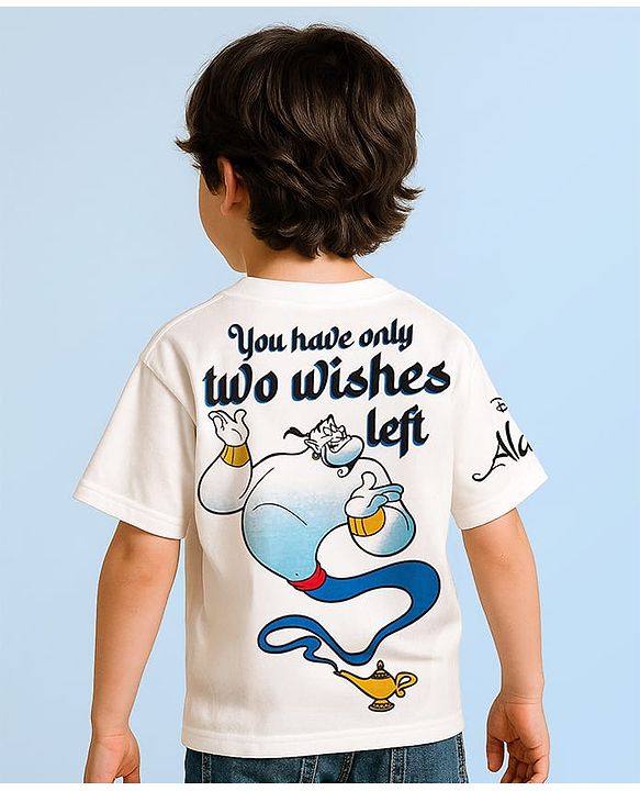 Pine Kids Disney Terry Knit Oversized Drop Shoulder Half Sleeves T-Shirt With Front And Back Aladin Graphics - White