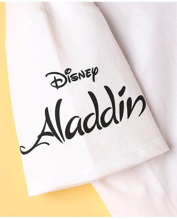 Pine Kids Disney Terry Knit Oversized Drop Shoulder Half Sleeves T-Shirt With Front And Back Aladin Graphics - White
