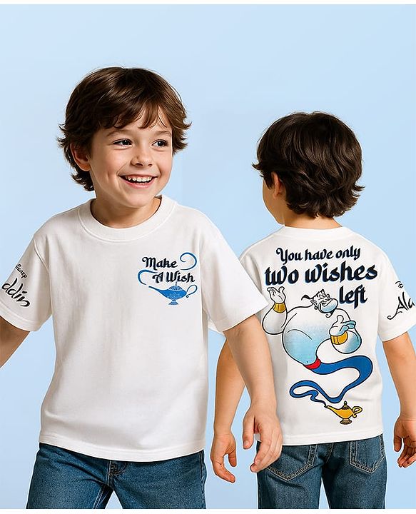 Pine Kids Disney Terry Knit Oversized Drop Shoulder Half Sleeves T-Shirt With Front And Back Aladin Graphics - White