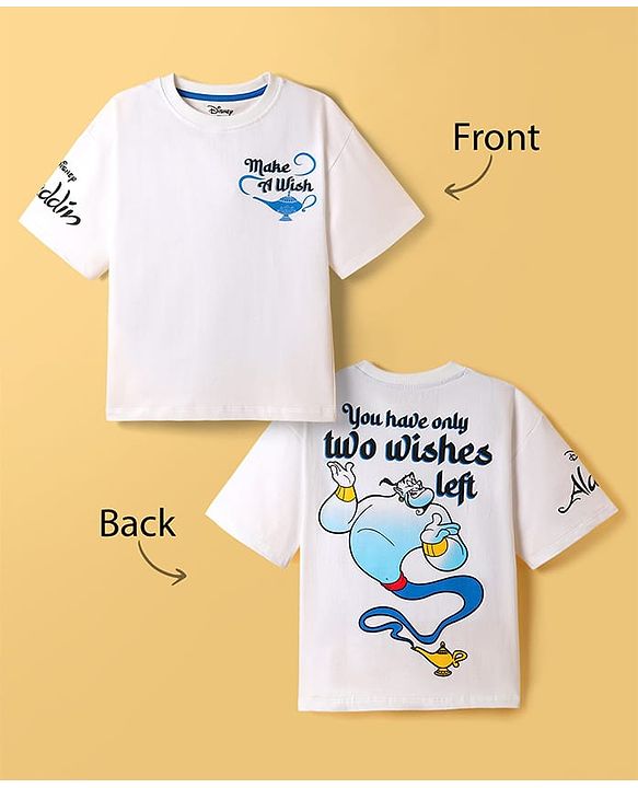 Pine Kids Disney Terry Knit Oversized Drop Shoulder Half Sleeves T-Shirt With Front And Back Aladin Graphics - White