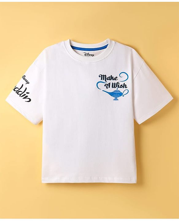 Pine Kids Disney Terry Knit Oversized Drop Shoulder Half Sleeves T-Shirt With Front And Back Aladin Graphics - White