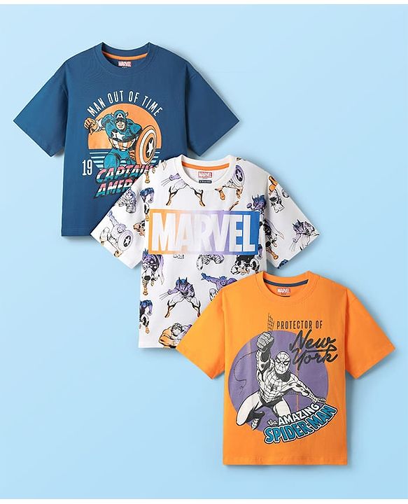 Pine Kids Marvel Single Jersey Knit Half Sleeves Oversize Drop Shoulder T-Shirt With Avengers Graphics Pack Of 3- White Blue & Yellow