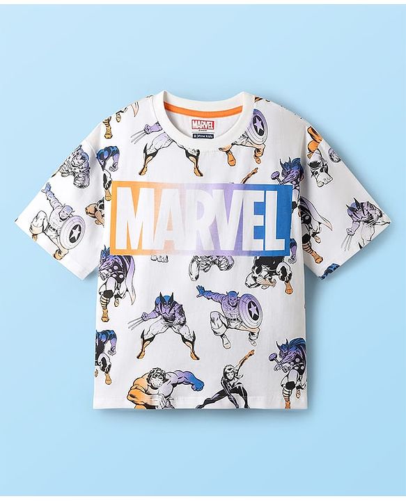 Pine Kids Marvel Single Jersey Knit Half Sleeves Oversize Drop Shoulder T-Shirt With Avengers Graphics Pack Of 3- White Blue & Yellow