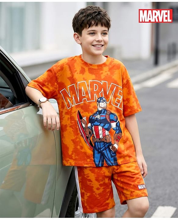 Pine Kids Marvel Single Jersey Knit Half Drop Shoulder Sleeves T-Shirt & Cut & Sew Shorts Set With Avengers Graphics Badge & Tie & Dye Detailing - Orange