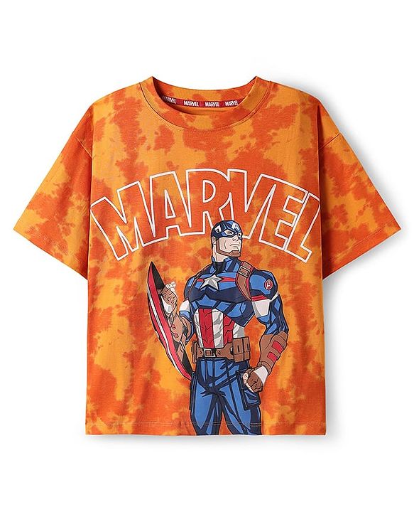 Pine Kids Marvel Single Jersey Knit Half Drop Shoulder Sleeves T-Shirt & Cut & Sew Shorts Set With Avengers Graphics Badge & Tie & Dye Detailing - Orange