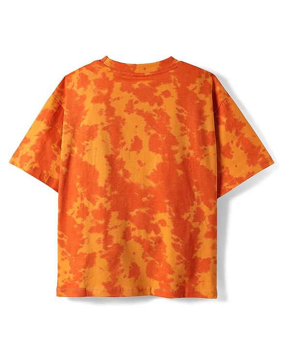 Pine Kids Marvel Single Jersey Knit Half Drop Shoulder Sleeves T-Shirt & Cut & Sew Shorts Set With Avengers Graphics Badge & Tie & Dye Detailing - Orange