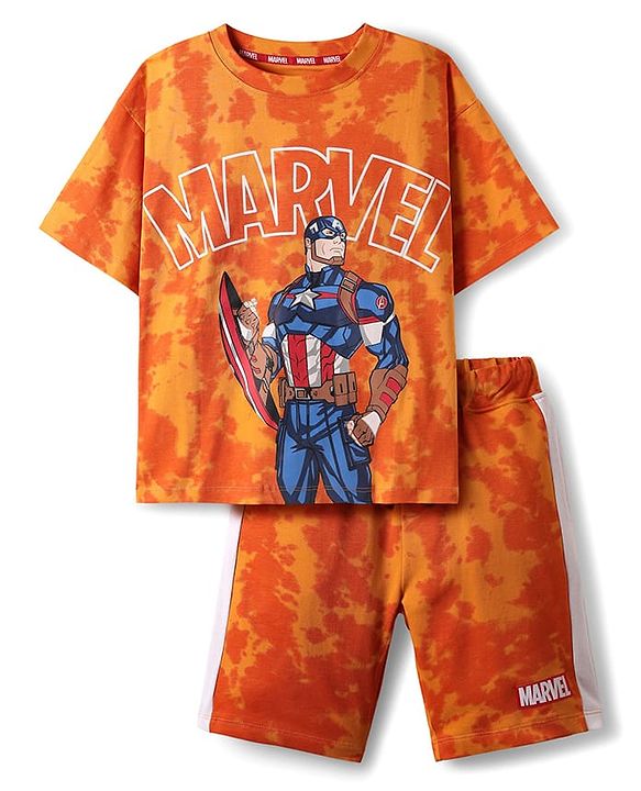 Pine Kids Marvel Single Jersey Knit Half Drop Shoulder Sleeves T-Shirt & Cut & Sew Shorts Set With Avengers Graphics Badge & Tie & Dye Detailing - Orange