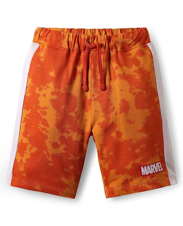 Pine Kids Marvel Single Jersey Knit Half Drop Shoulder Sleeves T-Shirt & Cut & Sew Shorts Set With Avengers Graphics Badge & Tie & Dye Detailing - Orange
