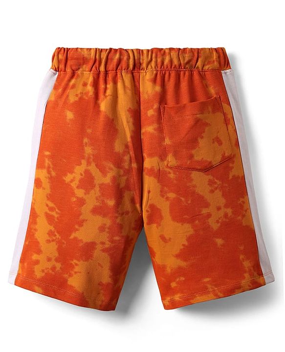 Pine Kids Marvel Single Jersey Knit Half Drop Shoulder Sleeves T-Shirt & Cut & Sew Shorts Set With Avengers Graphics Badge & Tie & Dye Detailing - Orange