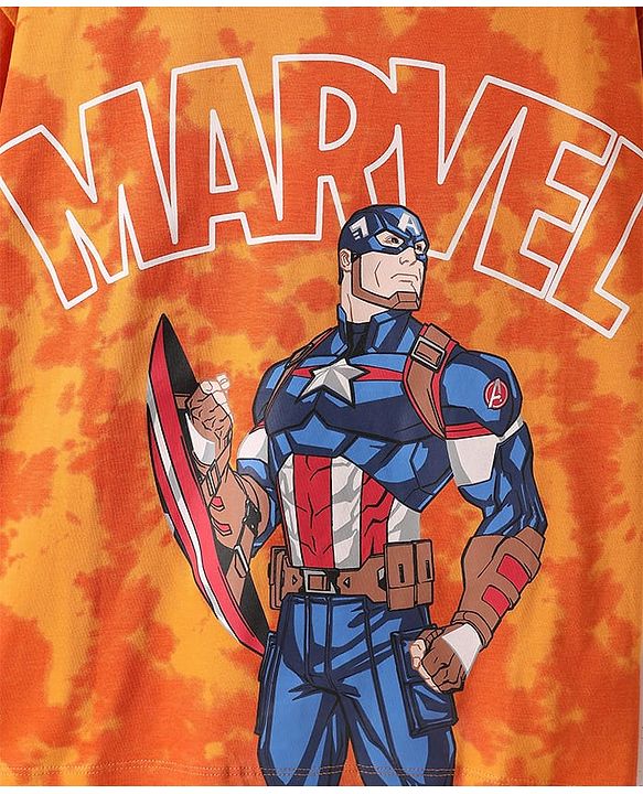 Pine Kids Marvel Single Jersey Knit Half Drop Shoulder Sleeves T-Shirt & Cut & Sew Shorts Set With Avengers Graphics Badge & Tie & Dye Detailing - Orange