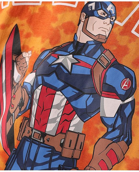 Pine Kids Marvel Single Jersey Knit Half Drop Shoulder Sleeves T-Shirt & Cut & Sew Shorts Set With Avengers Graphics Badge & Tie & Dye Detailing - Orange