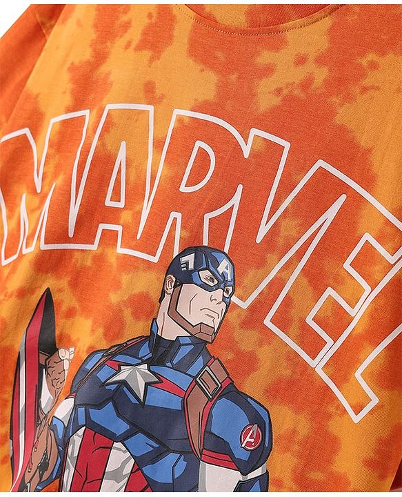 Pine Kids Marvel Single Jersey Knit Half Drop Shoulder Sleeves T-Shirt & Cut & Sew Shorts Set With Avengers Graphics Badge & Tie & Dye Detailing - Orange