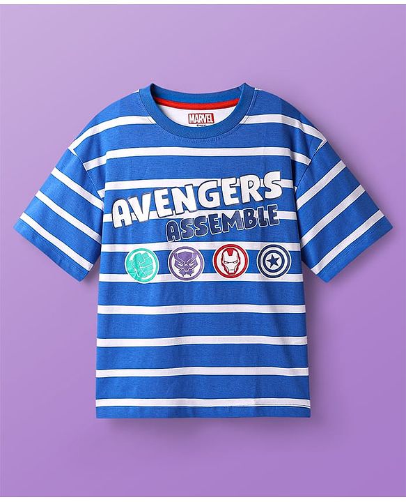 Pine Kids Marvel Single Jersey Knit Half Drop Shoulder Sleeves Oversized T-Shirts with Avengers Graphics & Stripes Pack of 3 - Blue White & Orange
