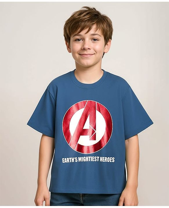 Pine Kids Marvel Single Jersey Knit Drop Shoulder Half Sleeves Oversized T-Shirt With Front & Back Avengers Graphics & Gold Foil Detailing - Blue