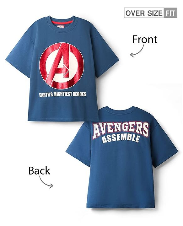 Pine Kids Marvel Single Jersey Knit Drop Shoulder Half Sleeves Oversized T-Shirt With Front & Back Avengers Graphics & Gold Foil Detailing - Blue