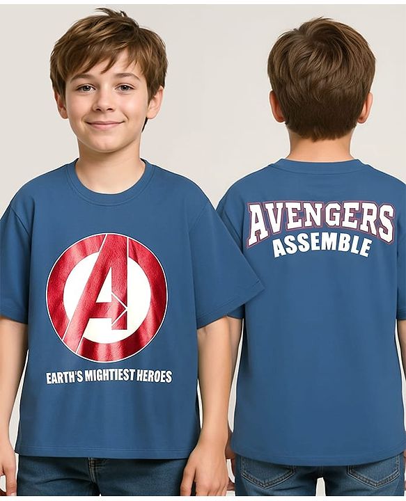 Pine Kids Marvel Single Jersey Knit Drop Shoulder Half Sleeves Oversized T-Shirt With Front & Back Avengers Graphics & Gold Foil Detailing - Blue