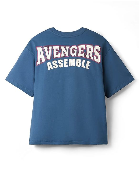 Pine Kids Marvel Single Jersey Knit Drop Shoulder Half Sleeves Oversized T-Shirt With Front & Back Avengers Graphics & Gold Foil Detailing - Blue