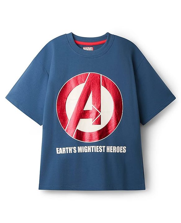Pine Kids Marvel Single Jersey Knit Drop Shoulder Half Sleeves Oversized T-Shirt With Front & Back Avengers Graphics & Gold Foil Detailing - Blue
