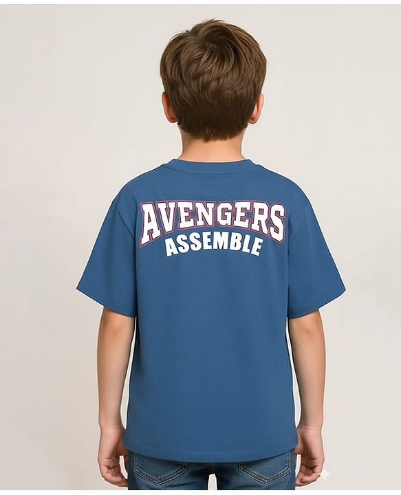 Pine Kids Marvel Single Jersey Knit Drop Shoulder Half Sleeves Oversized T-Shirt With Front & Back Avengers Graphics & Gold Foil Detailing - Blue