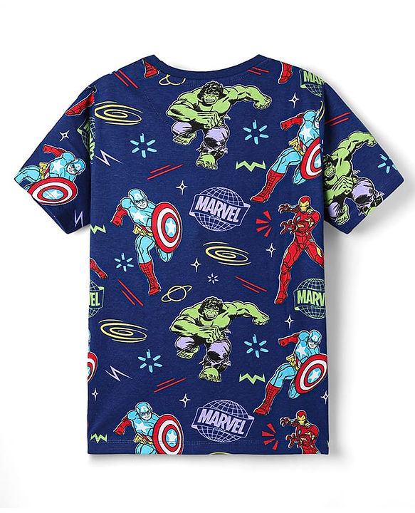 Pine Kids Marvel Single Jersey Knit Half Sleeves Co-ords Shorts Night Suit With Avengers Print - Navy Blue