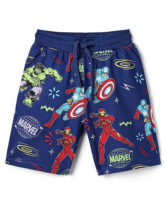 Pine Kids Marvel Single Jersey Knit Half Sleeves Co-ords Shorts Night Suit With Avengers Print - Navy Blue