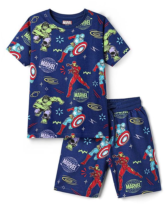 Pine Kids Marvel Single Jersey Knit Half Sleeves Co-ords Shorts Night Suit With Avengers Print - Navy Blue