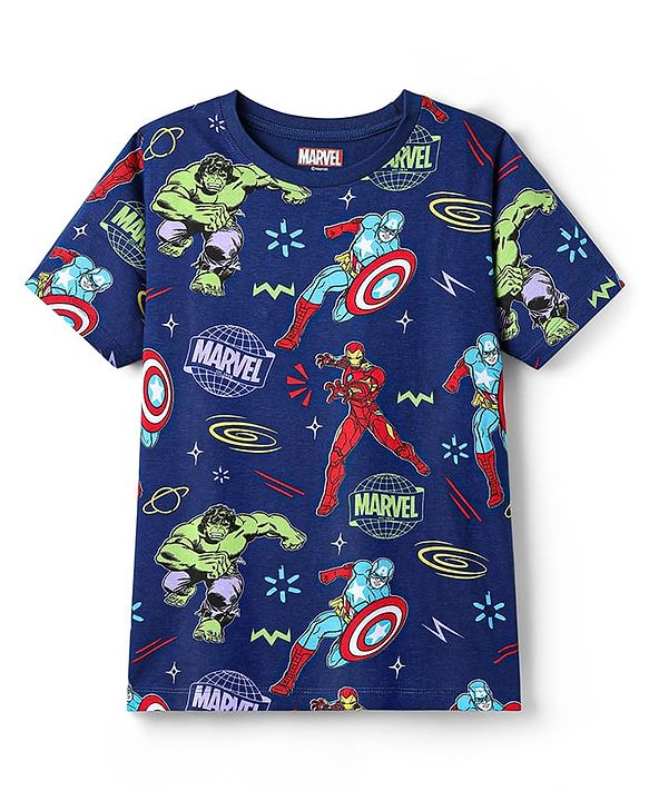 Pine Kids Marvel Single Jersey Knit Half Sleeves Co-ords Shorts Night Suit With Avengers Print - Navy Blue