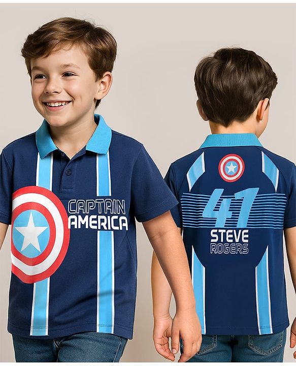 Pine Kids Marvel Terry Knit Half Sleeves Polo T-Shirt With Front And Back Avenger Iron Man Graphics - Blue