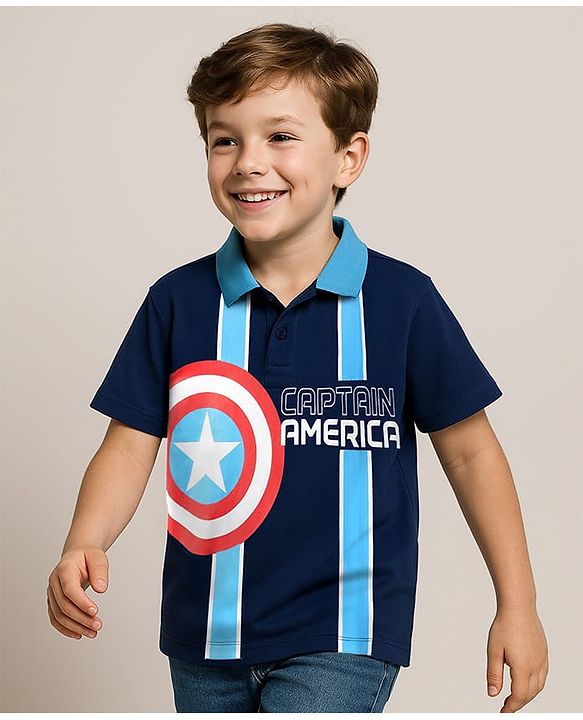 Pine Kids Marvel Terry Knit Half Sleeves Polo T-Shirt With Front And Back Avenger Iron Man Graphics - Blue