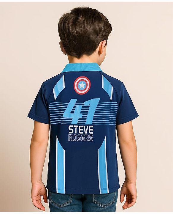 Pine Kids Marvel Terry Knit Half Sleeves Polo T-Shirt With Front And Back Avenger Iron Man Graphics - Blue