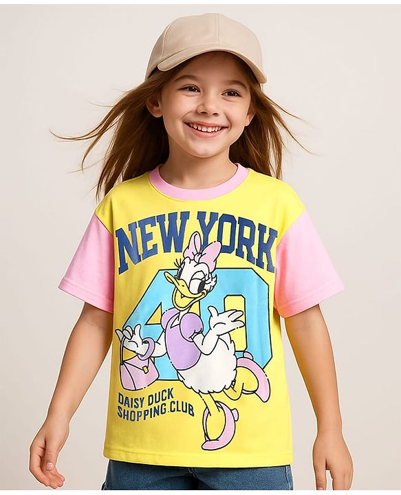 Pine Kids Disney Single Jersey Knit Half Drop Shoulder Sleeves Oversized T-Shirt with Daisy Duck Graphics - Yellow