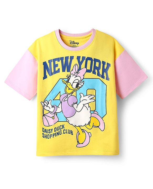 Pine Kids Disney Single Jersey Knit Half Drop Shoulder Sleeves Oversized T-Shirt with Daisy Duck Graphics - Yellow