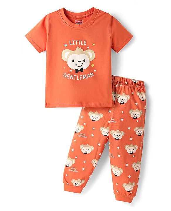 Babyhug Cotton Knit Half Sleeves Night Suit With Money Print - Orange