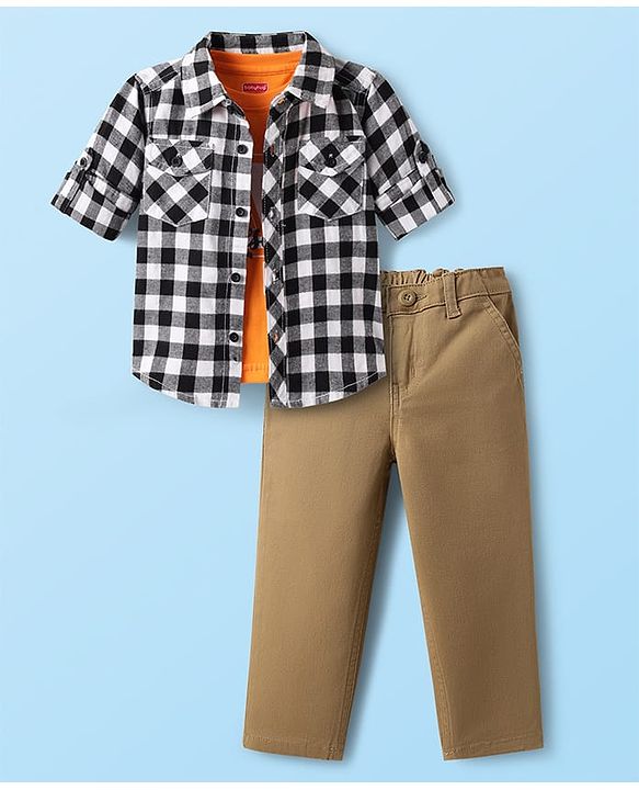 Babyhug Cotton Woven Full Sleeves Checks Shirt & Denim Jeans Set With Text Printed T-Shirt - Multicolor