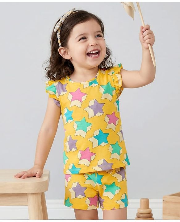 Babyhug Cotton Knit Frill Sleeves Co-ords Shorts Night Wear With Star Print - Yellow