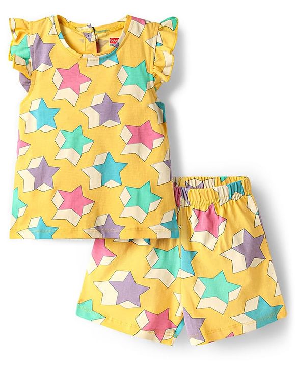 Babyhug Cotton Knit Frill Sleeves Co-ords Shorts Night Wear With Star Print - Yellow