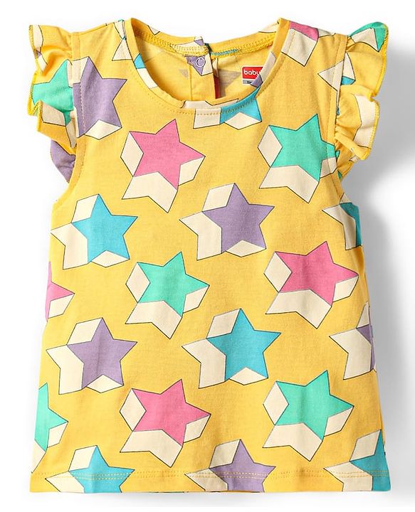 Babyhug Cotton Knit Frill Sleeves Co-ords Shorts Night Wear With Star Print - Yellow