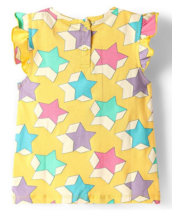 Babyhug Cotton Knit Frill Sleeves Co-ords Shorts Night Wear With Star Print - Yellow