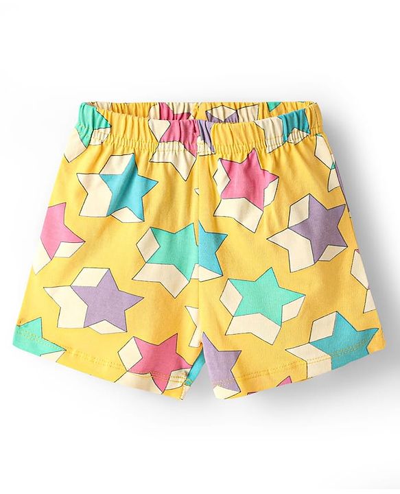 Babyhug Cotton Knit Frill Sleeves Co-ords Shorts Night Wear With Star Print - Yellow