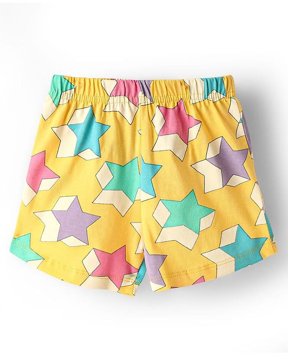 Babyhug Cotton Knit Frill Sleeves Co-ords Shorts Night Wear With Star Print - Yellow