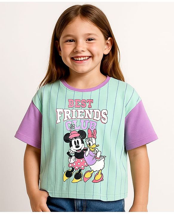 Pine Kids Disney Single Jersey Knit Oversize Drop Shoulder Half Sleeves T-Shirt With Front And Back Minnie Mouse Graphics - Aqua Blue
