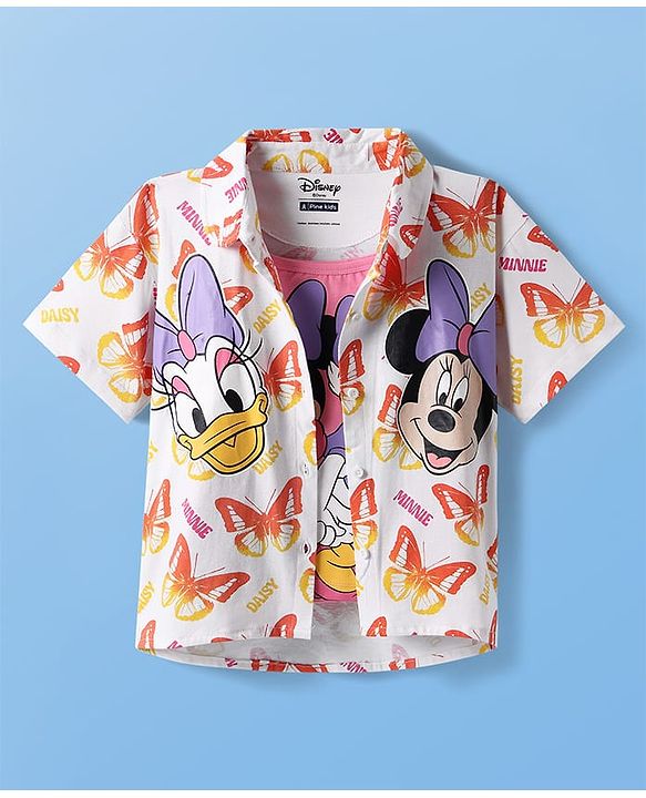 Pine Kids Disney Cotton Woven Half Sleeves Shirt with Singlet Sleeve Inner Tee & Mickey Mouse Print - White & Pink