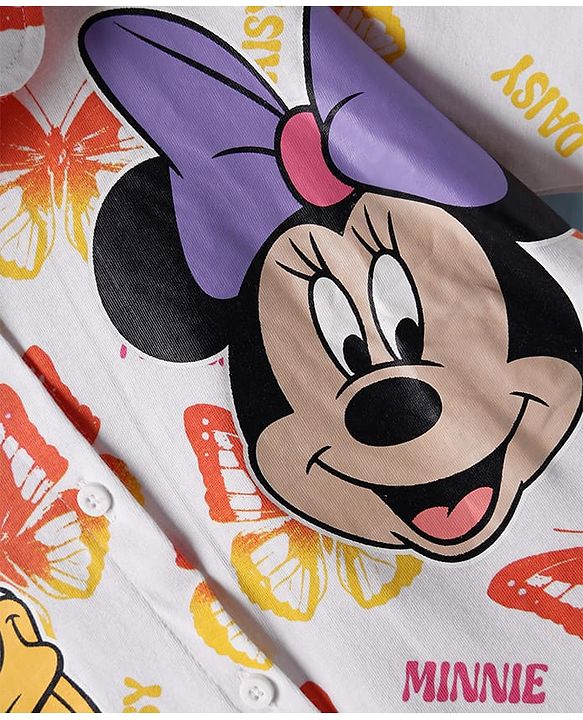Pine Kids Disney Cotton Woven Half Sleeves Shirt with Singlet Sleeve Inner Tee & Mickey Mouse Print - White & Pink