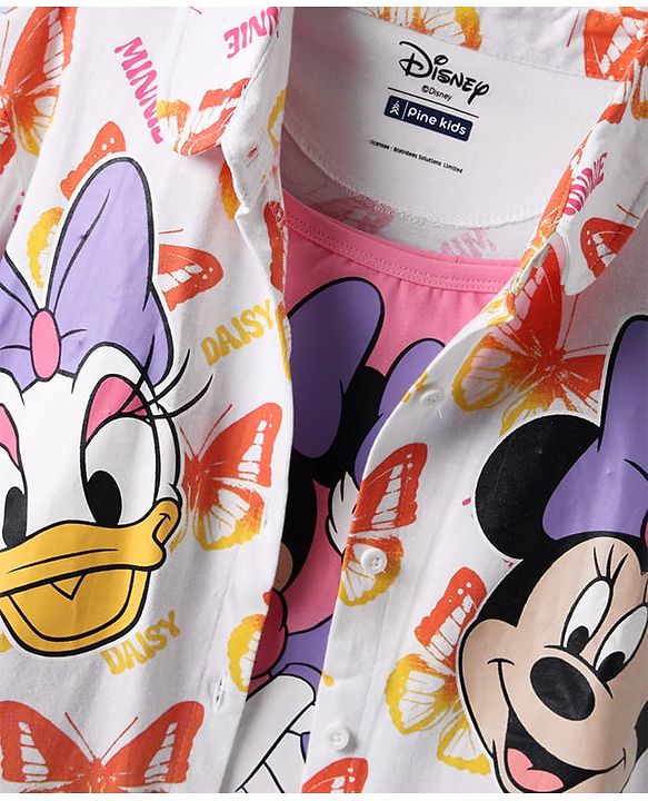 Pine Kids Disney Cotton Woven Half Sleeves Shirt with Singlet Sleeve Inner Tee & Mickey Mouse Print - White & Pink