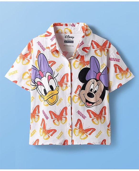 Pine Kids Disney Cotton Woven Half Sleeves Shirt with Singlet Sleeve Inner Tee & Mickey Mouse Print - White & Pink